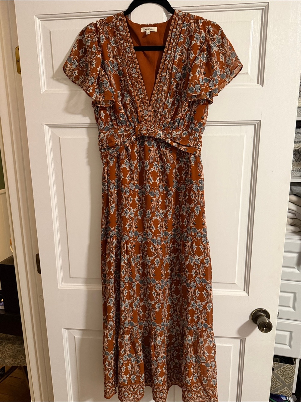 Max Studio Rust Floral Maxi Dress with Blue Accents